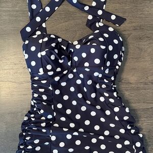 Unique Vintage Blue and White Polka Dot One Piece Swimsuit